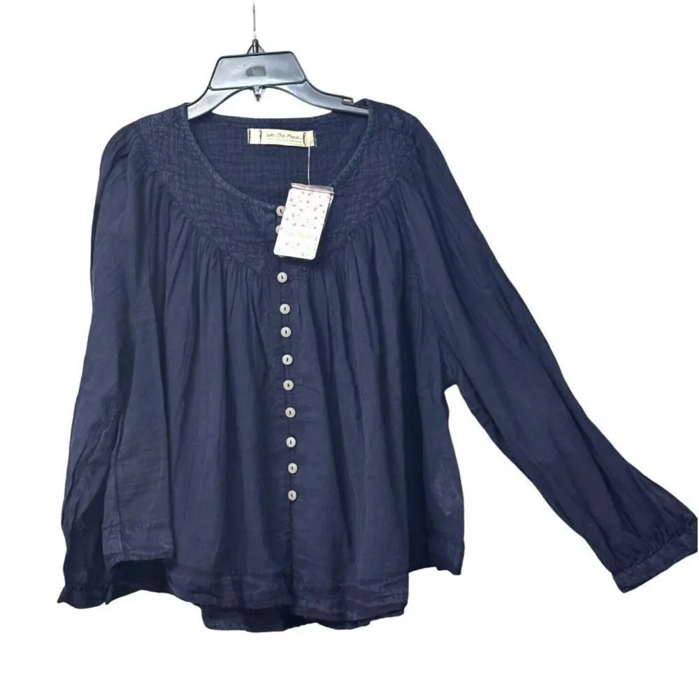 Free People Cool Meadow Woven Cotton Top, Navy, Sz. S